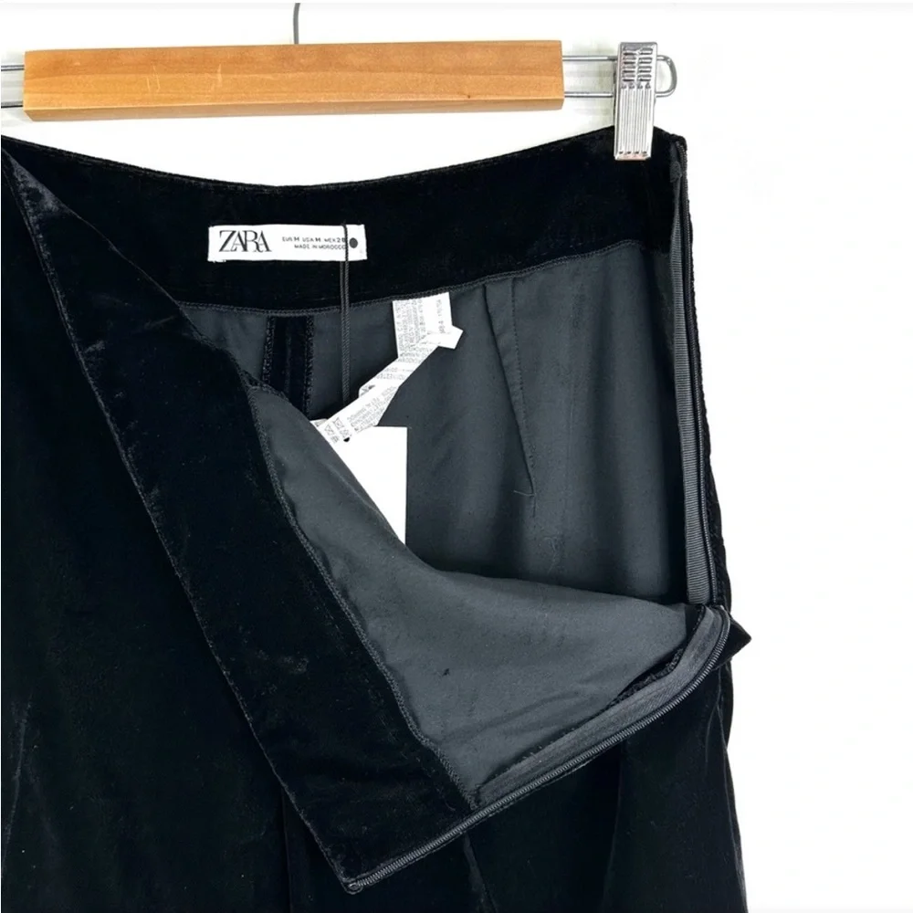 Zara NWT velvet velour black wide leg trouser pants side zip closure